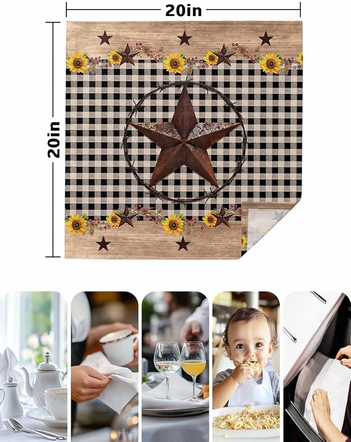 Farmhouse Western Star Cloth Napkins Washable Set of 6, 20 x 20 Inch Reusable Vintage Country Brown Plaid Dinner Table Napkins Cloth Bulk for Weddings Kitchen Restaurants Hotel Events Parties - Image 5