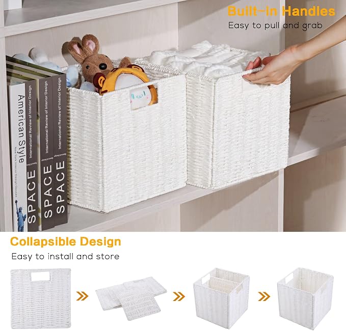 Wicker Baskets for Storage, Set of 4 Hand-Woven Wicker Storage Baskets for Shelves, Cube Storage Baskets Bins with Handles, Wicker Basket for Organizing Pantry Bedroom, White - Image 4