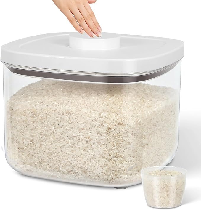 TBMax Large Airtight Food Container 5.28 Qt with Pop Up Lid & Measuring Cup, Ideal for 10 Lbs of Rice or 7 Lbs of Flour, Square Short Food Storage Bin for Kitchen Pantry and Drawer Organization by TBMax