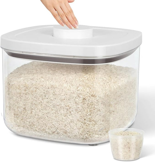 TBMax Large Airtight Food Container 5.28 Qt with Pop Up Lid & Measuring Cup, Ideal for 10 Lbs of Rice or 7 Lbs of Flour, Square Short Food Storage Bin for Kitchen Pantry and Drawer Organization by TBMax