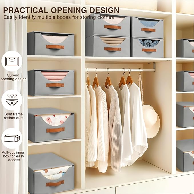Stackable Storage Drawers - Collapsible Storage Bins with Drawers, 8 Pack Closet Shelf Organizer Basket, Fabric Pull Out Organizer for Bedroom, Living Room, Dorm, Grey - Image 5