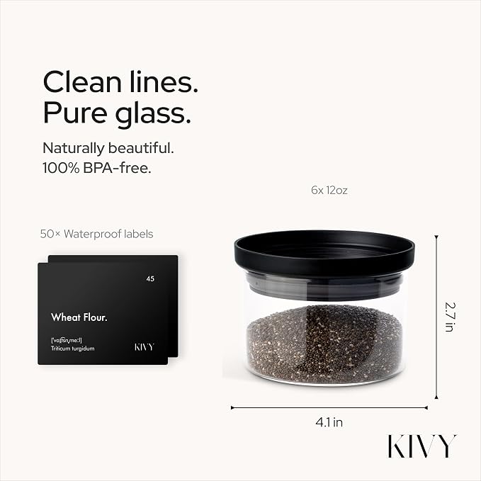 KIVY Glass spice jars transparent Glass Lid [6x 12oz] Stackable & Airtight small glass jars - Spice containers - Seasoning jars tea - Spice storage containers - Spice jars with black lids & labels - Image 2