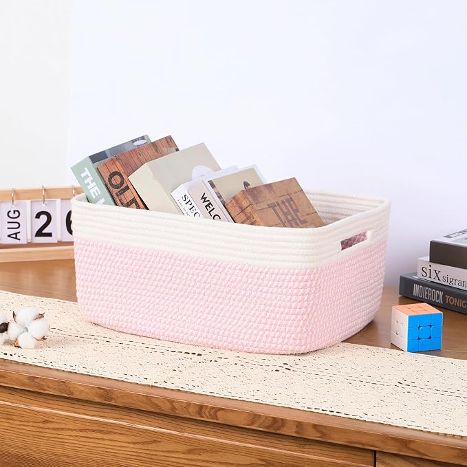 MiniArk Large Storage Baskets for Organizing, 17 x 13 x 7.5” Closet Shelf Baskets for Clothes Blanket Towels, Baby Nursery, Toy Bins Box, Woven Rope Baskets, 4 Packs Woven Pink - Image 5