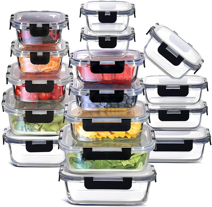 EATEX 32pc Glass Food Storage Containers with Lids, Airtight Glass Meal Prep, 16 Reusable Food Containers with 16 Leakproof Snap Lock Lids Oven Microwave Freezer Safe Lunch Containers by Eatex