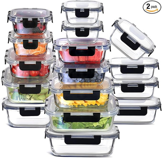 EATEX 32pc Glass Food Storage Containers with Lids, Airtight Glass Meal Prep Containers, 16 Reusable Food Storage Bins with 16 Leakproof Snap Lock Lids Oven Microwave Freezer Safe Lunch Containers by Eatex