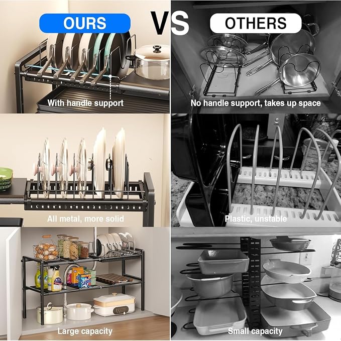 Mustorn Pots and Pans Organizer Under Cabinet, Expandable 2 Tier Under Sink Organizers and Storage Adjustable Height Kitchen Pot and Pan Lid Holder Rack with 6 Dividers(6panels,1 Pot rack, Black) - Image 6