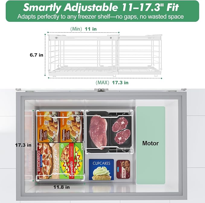 ADRIMER Freezer Organizer Bins, 4 Packs Foldable & Stackable Chest Freezer Organizer Bins with Adjustable Length 11-17.3", Metal Wire Storage Baskets for Upright Freezer, Deep Freezer, Pantry, White - Image 3
