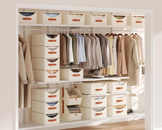 Stackable Storage Drawers - Large Collapsible Storage Bins with Drawers, 4 Pack Closet Shelf Organizer Basket, Fabric Pull Out Organizer for Bedroom, Living Room, Dorm, Light Beige - Image 2