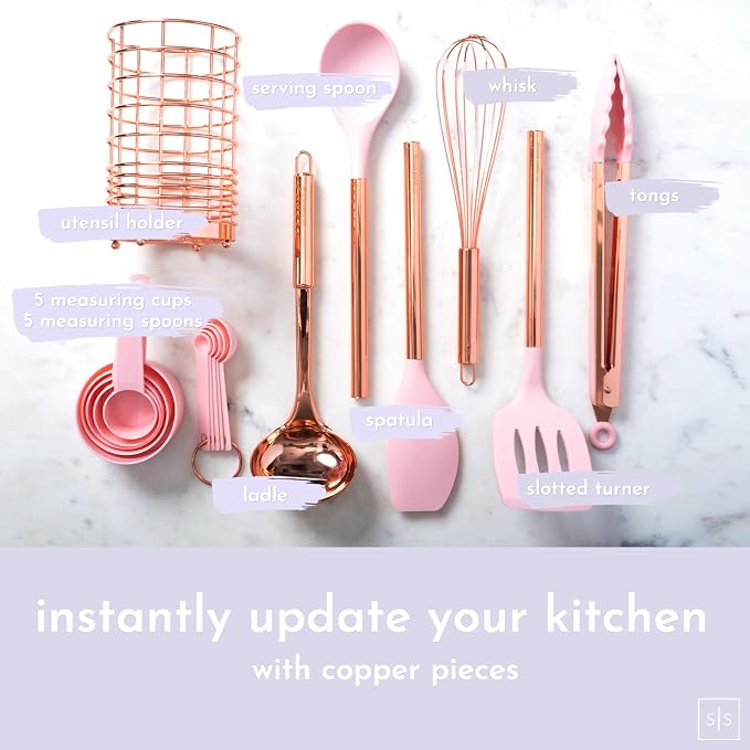Styled Settings Copper and Pink Kitchen Utensils Set, 17-Piece | Utensils Set with Copper Utensil Holder and Measuring Cups and Spoons for Stylish Cooking and Baking - Image 2