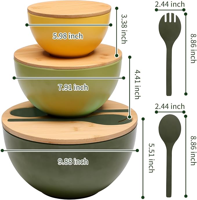 ECOWAY Salad Bowls Set of 3 with Lid & Serving Utensils, Colorful Serving Bowls, Bamboo Fiber Salad Bowls with Bamboo Lid, Kitchen Bowls for Salad, Kitchen Eating, Pasta, Popcorn, Fruit (3 Colors) - Image 5