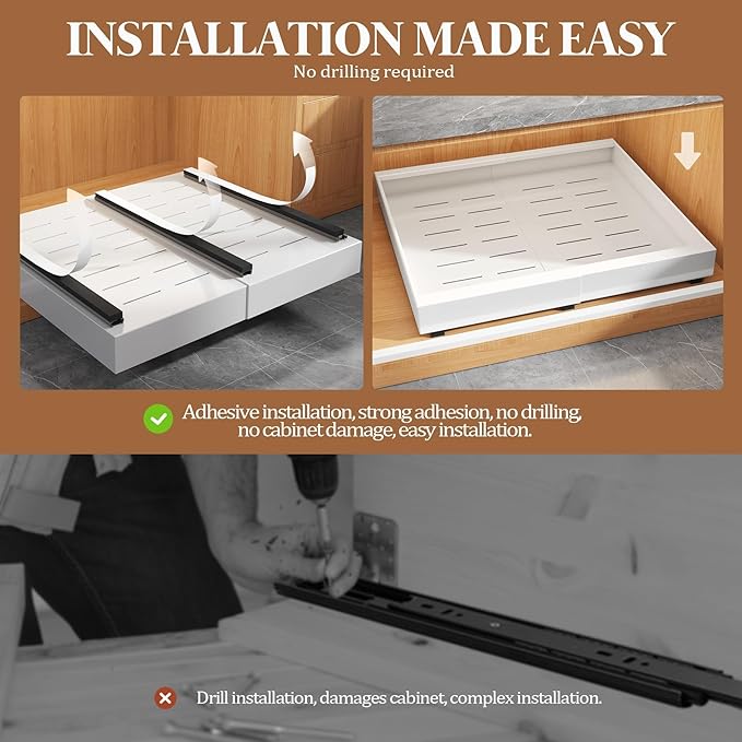 Seinloes 4 Pack Expandable Pull Out Cabinet Organizer 21"Deep With Raising Pad for Framed Cabinets,Upgrade 3 Slide Rails Slide Out Drawers,No Drill Roll Out Shelves,Adjustable Width 12.1"-20.4" White - Image 6