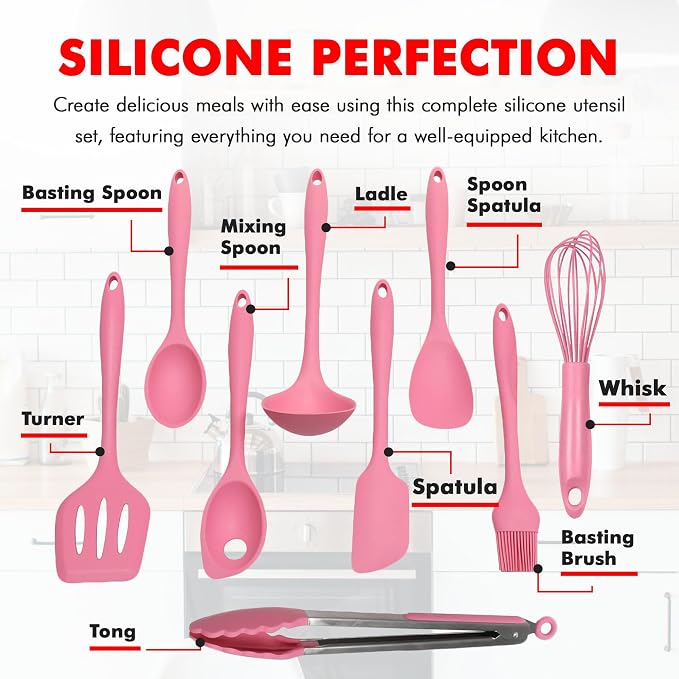 Chef Craft - Premium Silicone Kitchen Tools and Utensils Set, Non-Scratch, Withstands Temperatures up to 450°F, BPA-Free, 9 Piece Cooking Utensils Set, Pink - Image 4