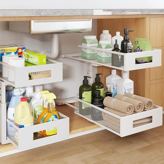 Under Sink Organizer, 2-Tier Dual Pull Out Cabinet Organizer Drawers With Smooth Circular Rail, Large Capacity Metal Mesh Sliding Shelves For Bathroom& Kitchen Storage,Height Adjustable–White,2 Packs by UnderSinkOrganizer