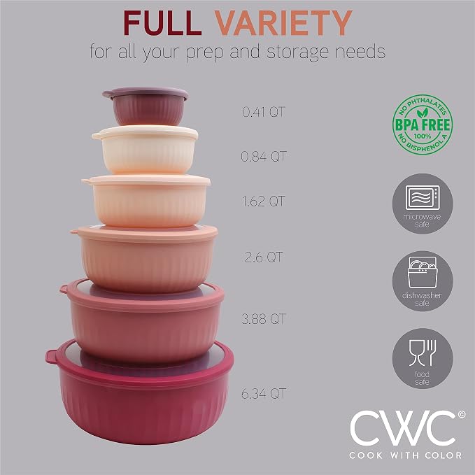 COOK WITH COLOR Prep Bowls with Lids- Wide and Deep Nesting Plastic Small Mixing Bowl Set with Lids, 12 Piece Set - Wide Bowls, Rose - Image 3