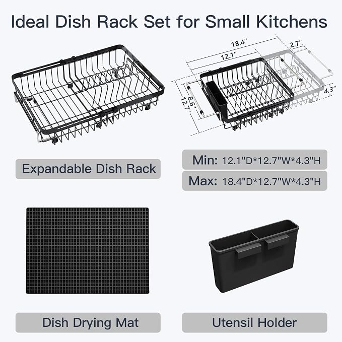 Dish Drying Rack Over The Sink with Utensil Holder, Mat | Expandable Stainless Steel Dish Drainer for Small Kitchen, Apartment, RV, Counter Space Saving, Perfect Fit, Rustproof - Image 2