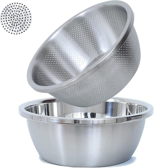 Paoli 304 Stainless Steel Fine Mesh Colander Set, 2.5QT Large Capacity Strainer with Mixing Bowl — Rinse Fruits, Veggies, Rice & Drain Pasta, Dishwasher Safe (2-Piece) by Paoli