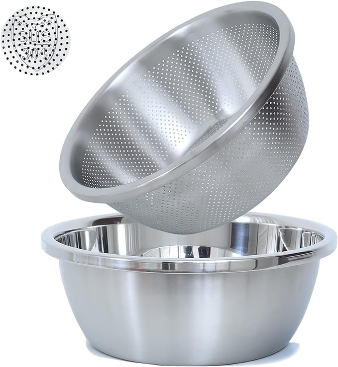 Paoli 304 Stainless Steel Fine Mesh Colander Set, 4.5QT Large Capacity Strainer with Mixing Bowl — Rinse Fruits, Veggies, Rice & Drain Pasta, Dishwasher Safe (2-Piece) by Paoli