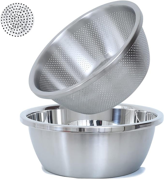 Paoli 304 Stainless Steel Fine Mesh Colander Set, 4.5QT Large Capacity Strainer with Mixing Bowl — Rinse Fruits, Veggies, Rice & Drain Pasta, Dishwasher Safe (2-Piece) by Paoli