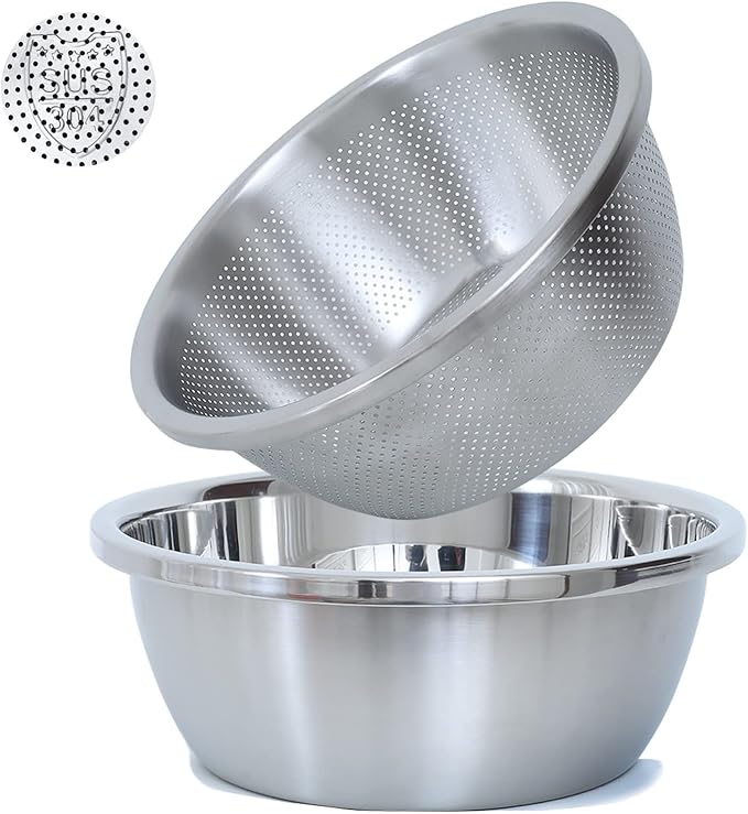 Paoli 304 Stainless Steel Fine Mesh Colander Set, 1.5QT Large Capacity Strainer with Mixing Bowl — Rinse Fruits, Veggies, Rice & Drain Pasta, Dishwasher Safe (2-Piece) by Paoli
