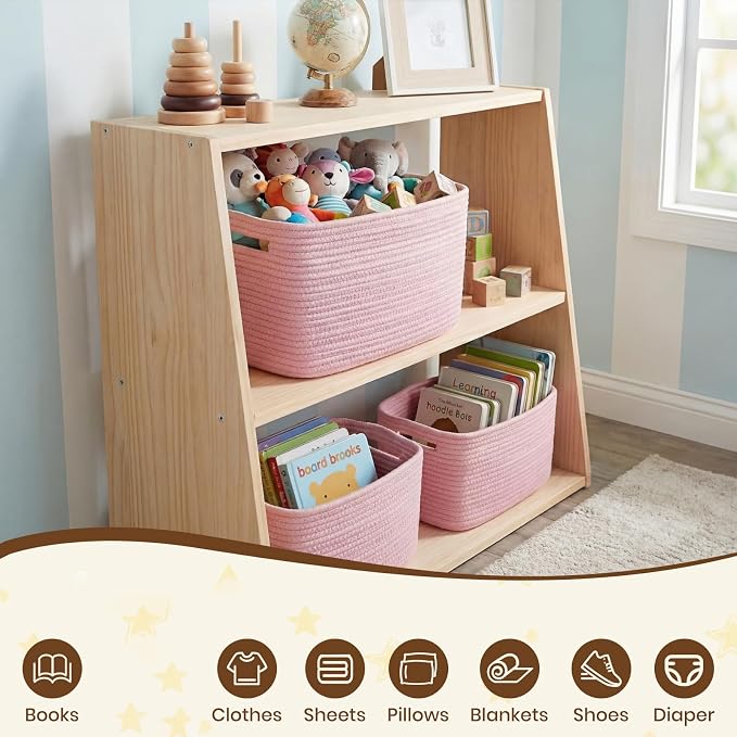 Storage Baskets for Organizing, 14 x 10 x 9” Closet Shelf Woven Baskets, Square Bins with Handles, Cotton Rope Basket for Clothes, Office, Room, Pink 3 Pack - Image 7