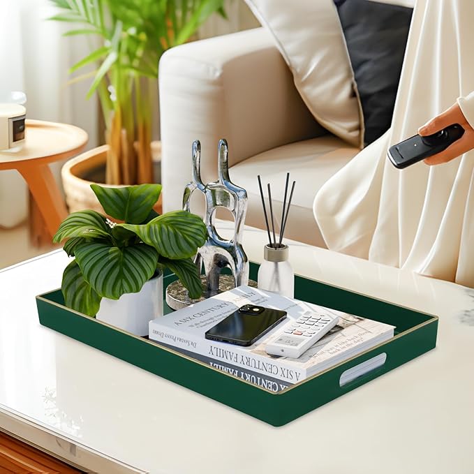 Dark Green Decorative Tray for Ottoman, Serving Tray with Handles | Plastic Coffee Table Tray, Modern Melamine Tray, Rectangle Countertop Organizer Tray for Living Room, 15.8"L x 10.2"W x 1.4"H - Image 5