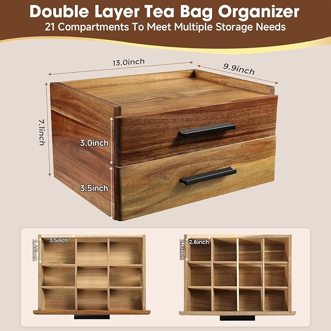 Acacia Wood Tea Bag Organizer with Gift Box, Double-Drawer Tea Box - Tea Accessories for Tea Organizer and Storage Box, Tea Station Chest Caddy for Countertop Cabinet Office(21-Compartment) - Image 3