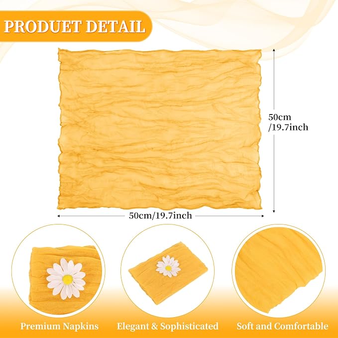 fani 60 Pack Gauze Cheesecloth Napkins, 20 x 20 in, Mustard | Wrinkled Table Napkins, Soft Cotton, Rustic Decorative, Weddings, Party, Dinner Table, Everyday Use - Image 2