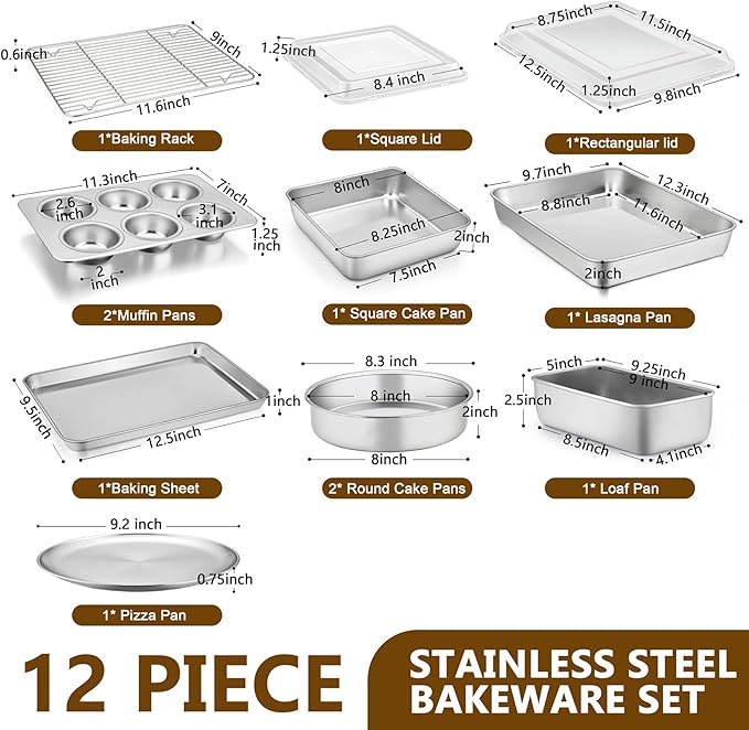 P&P CHEF 12-Piece Bakeware Set, Stainless Steel Baking Pans Set for Cooking | Non-toxic & Easy Clean, Includes Baking Sheet with Rack, Cake, Lasagna, Loaf, Muffin, Pizza Pan & 2 Covers, Oven Safe - Image 2