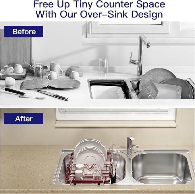 Red Dish Drying Rack Over The Sink with Utensil Holder, Mat | Expandable Stainless Steel Dish Drainer for Small Kitchen, Apartment, RV, Counter Space Saving, Perfect Fit, Rustproof - Image 3