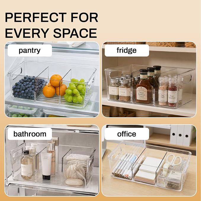 Mpotmiy 8-Pack Pantry Organizers and Storage, Clear Fridge Organizer Bins | Clear stackable plastic bins with removable dividers for packets, snacks, pouches and spices in pantry, fridge or freezer. - Image 7