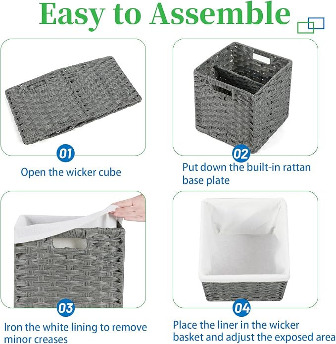 Bidtakay Wicker Storage Baskets for Organizing 4-Pack Hand-Woven Imitation Dark Grey Wicker Cube Storage Bins with Liners for Shelves Closet Cabinet 11x11 Waterproof Cube Organizer for Pantry - Image 7