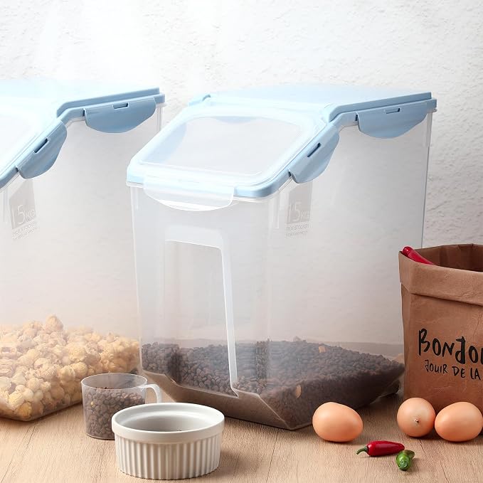 4 Pack Rice Storage Container With Wheels Plastic Airtight Lid Flour Container Bin for Dog Pet Cereal Grain Dry Food, 15 Liter / 30 lbs (Blue) - Image 5