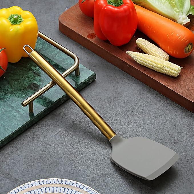 Berglander Non-stick Silicone Solid Turner, Titanium Gold Plating handle, Barbecue Spatula for Cooking, Dishwasher Safe, Easy to Clean - Image 3