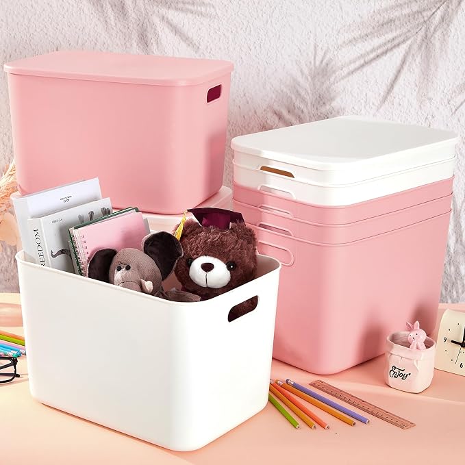 8 Pieces Colorful Storage Bins with Lid, Plastic Storage Basket Organizing Container Stackable Box with Handle for Shelves Desktop Playroom Office(14.2 x 10.2 x 9.5 Inch,White and Pink) - Image 4