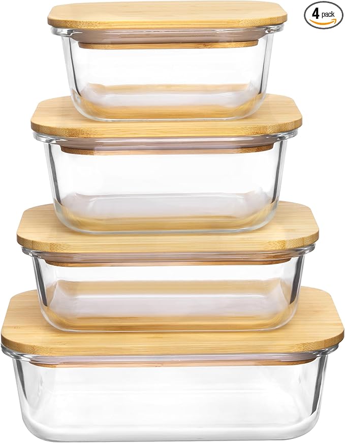 Vtopmart 4 Pack Glass Food Storage Containers with Bamboo Lids Meal Prep | Reusable Meal Prep Containers for Leftovers, Lunch & Kitchen Storage, Microwave, Oven, Freezer and Dishwasher Safe by Vtopmart