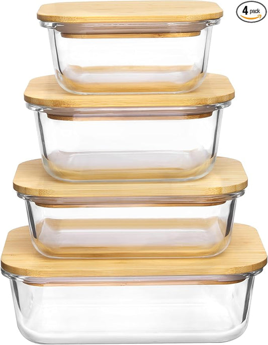 Vtopmart 4 Pack Glass Food Storage Containers with Bamboo Lids Meal Prep | Reusable Meal Prep Containers for Leftovers, Lunch & Kitchen Storage, Microwave, Oven, Freezer and Dishwasher Safe by Vtopmart