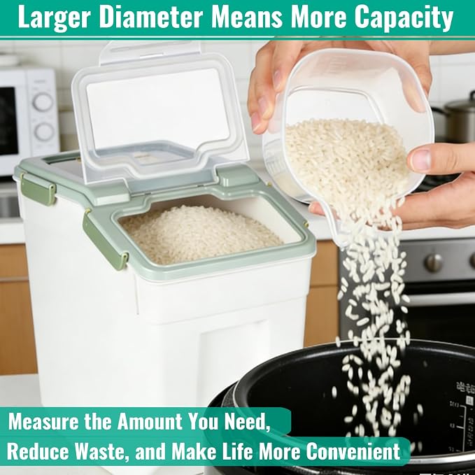 2 Pack Rice Container 25 lbs Large Bulk Flour Sugar Storage Holdhouse Plastic Grain Cereal Dry Goods Bin with Spoon and Measuring Cup for Kitchen Pantry Organization - Green - Image 5