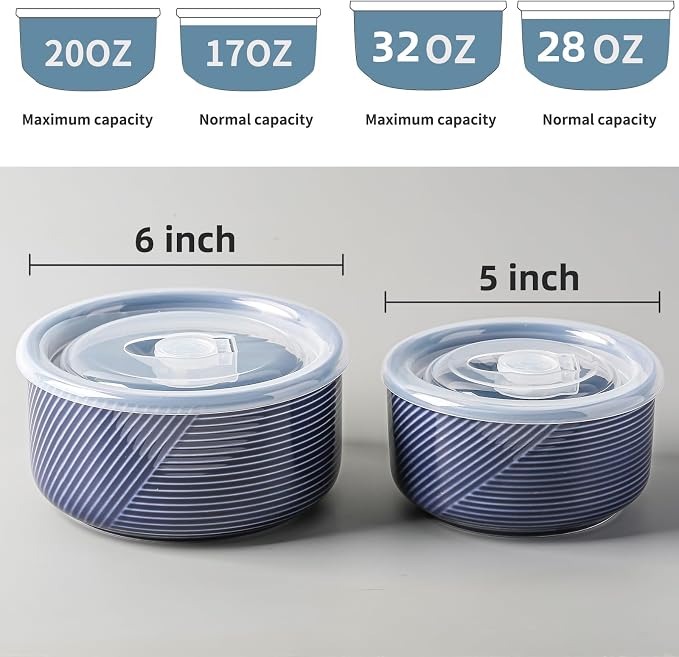Ceramic Nesting Bowls with Lid, Microwave Safe, Set of 4, Navy | Food Storage Containers for Work Lunch Picnic Camping Meal Prep Soup Salad Cereal Leftovers - 5 & 6 Inch, 20 & 32 oz - Image 2