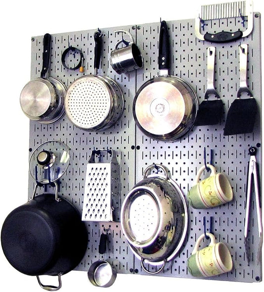 Wall Control Kitchen Pegboard Organizer Pots and Pans Storage Rack Organization Kit with Grey Pegboard and Blue Accessories by Wall+Control