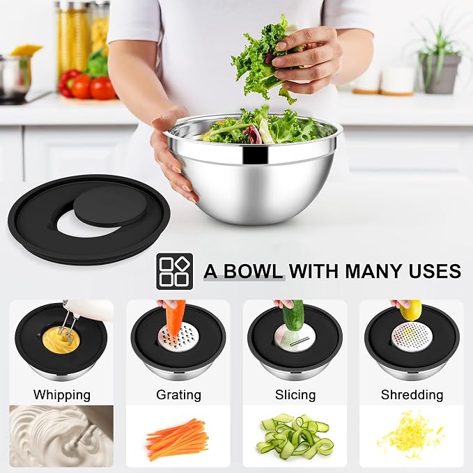 E-far Mixing Bowls with Lids Set, 21PCS Stainless Steel Salad Mixing Bowls with 3 Grater Attachments, Size 7, 4.6, 3.5, 2.6, 2, 1.5, 1QT, Nesting Design & Black Airtight Lid, For Baking/Prepping - Image 3