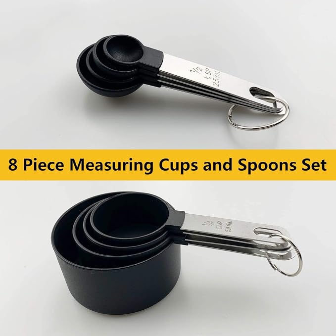 8-Piece Measuring Cup and Spoon Set, Plastic Measuring Cup and Spoon with Stainless Steel Handle, for Liquids and Solids, for Cooking Kitchen (Black) - Image 3