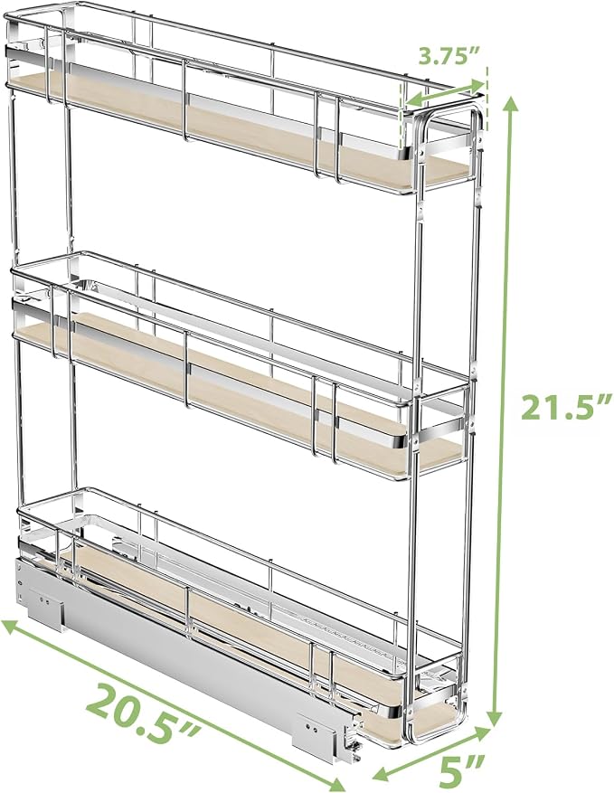 ROOMTEC 3-Tier Pull Out Cabinet Organizer Spice Rack for Narrow Cabinet 5" W x 20½" D, Slide Out Wood Shelves Storage for Kitchen - Image 3