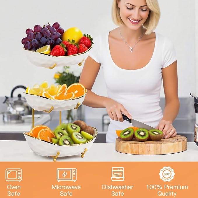 Fruit Bowl Basket for Kitchen Countertop, 3 Tier Fruit Holder with Gold Metal Stand, Serving Tray for Food, Vegetable, Cake, Dessert in Party (Gold, 3 Tier) - Image 6