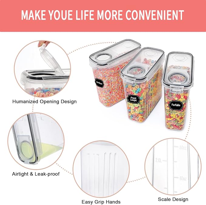 PRAKI Cereal Containers Storage Set (4L,135.2 Oz), 8PCS Airtight Food Storage Containers with Lids for Kitchen & Pantry Organizers and Storage, Cereal Dispensers with 20 labels, Measuring Cup & Marker - Image 3