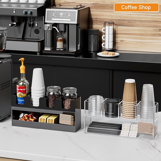 Beego 5-Compartment Cup Holder for Countertop - 2-Tier Black Acrylic Cup Dispenser Coffee Station Paper Cup and Lid Organizer Condiment Storage for Restaurant Breakroom Kitchen Bar Accessories - Image 5