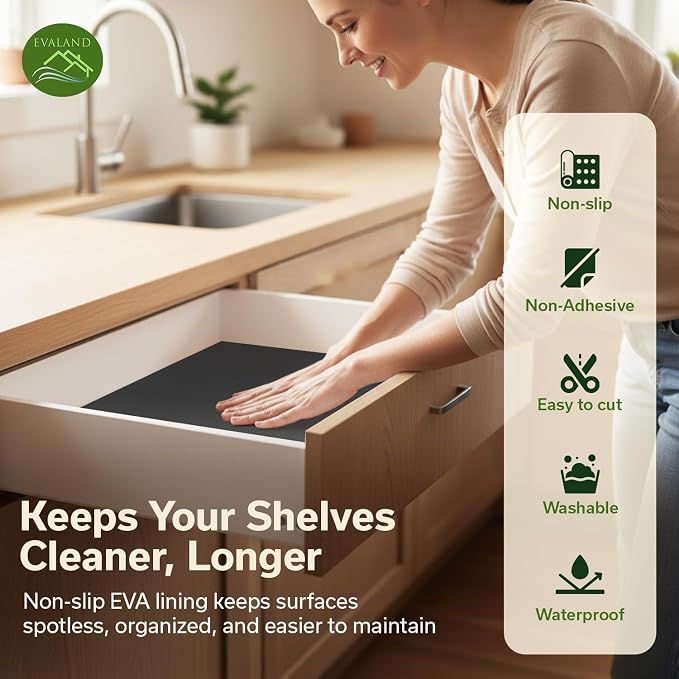 EVALAND Shelf Liner Cabinet Liner Non-Adhesive Drawer Liner 12 in x 33 FT | Non-Slip, Washable, Waterproof, Fridge Liners, Contact Paper, Shelf Liners for Cabinets, Kitchen, Refrigerator, Black - Image 3