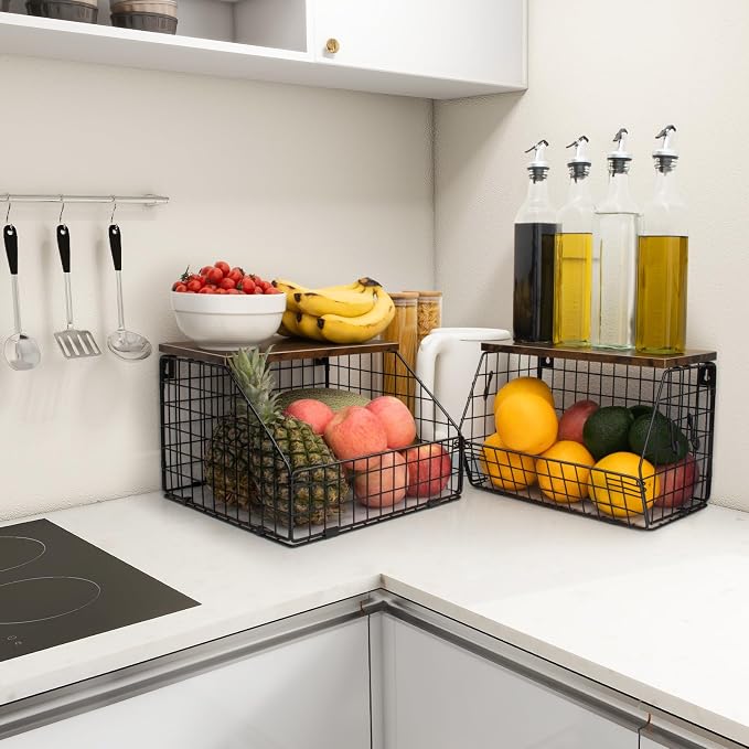 Mefirt Fruit Basket, Stackable Wall Mounted Fruit Baskets, Potato Baskets Onion Storage for Kitchen, Hanging Wire Basket with Wood Lid, 2-Tier Vegetable Organizer Kitchen Countertop Organization | Hanging Potato Basket Wire Basket with Wood Lid, 2-Tier... - Image 8