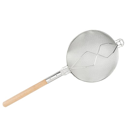 Winco 12" Tan Double Mesh Tin-Plated Steel Strainer, Nickel Plated | Double mesh, Wire handle, Hanging loop, Great for Draining Pasta, Rinsing Produce, Straining and Kitchen Prep - Image 4