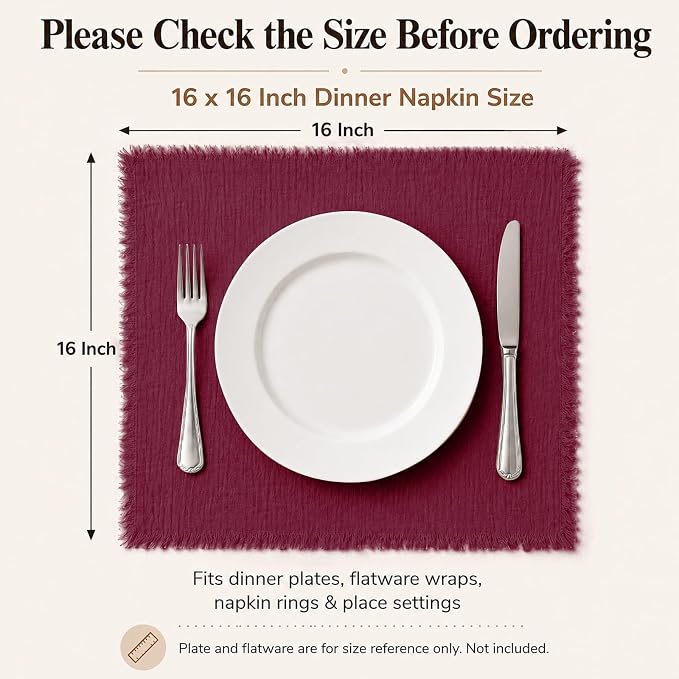 50 Pack Burgundy Cloth Napkins, 16 x 16 Inch Cotton with Fringe Settings | Handmade washable reusable cotton dinner napkins in bulk for weddings, parties, rustic boho table settings - Image 2