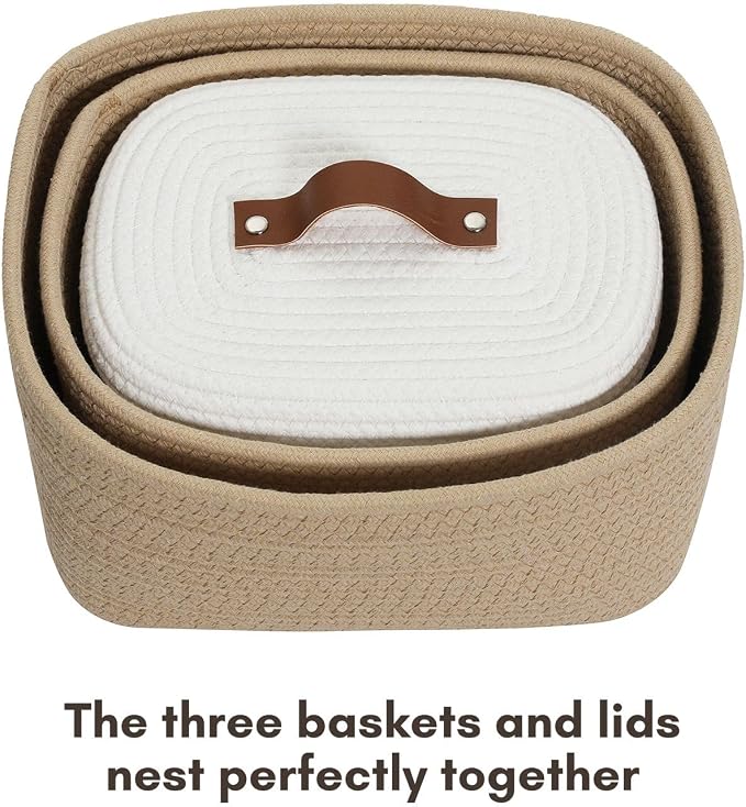 Set of 3 Nesting Woven Storage Baskets with Lids, Cotton Rope Decorative Basket Set for Shelf Closet Living Room Organizing, Rectangular Beige & White - Image 2